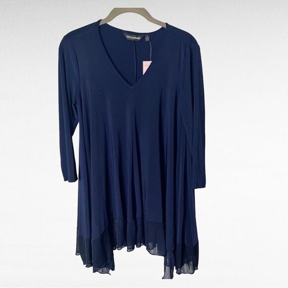Nina Leonard Navy Blue Jersey V- neck Tunic Blouse with Chiffon Hem Size Small - Picture 1 of 8